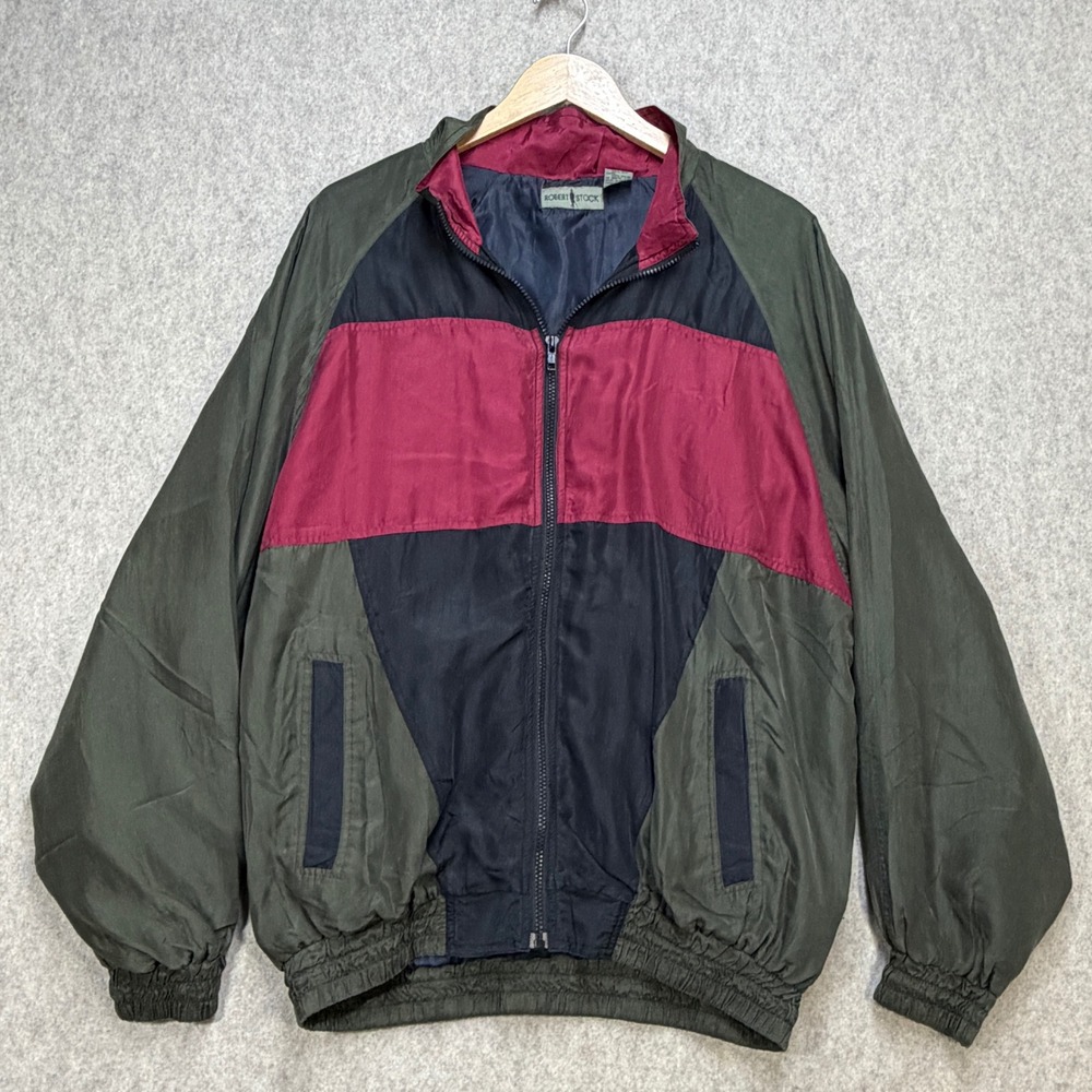 Robert Stock Vintage 90s Mens L Green Colorblock Retro Silk Bomber Jacket